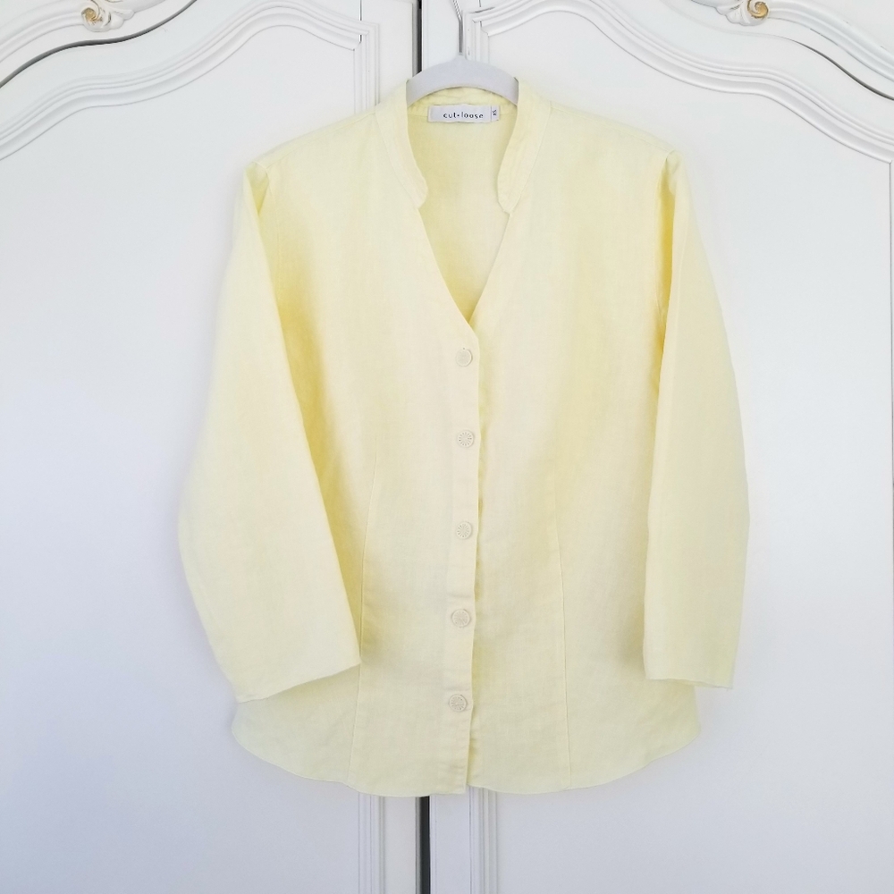 Cut Loose Pale Yellow Linen 3/4 Sleeve Button Front Top Made In USA XS